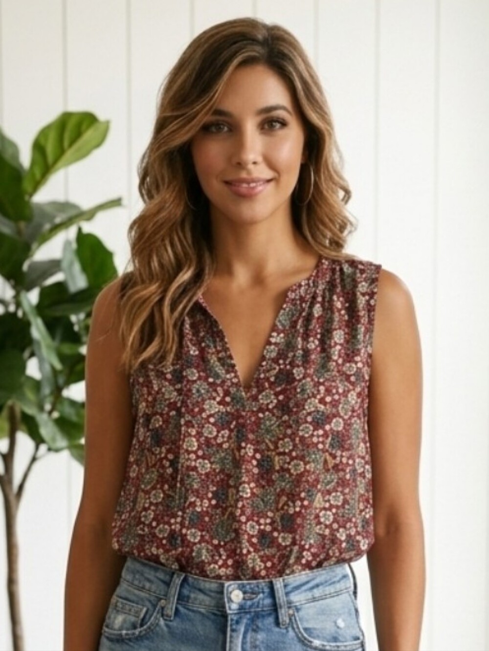 LOFT Sleeveless Burgundy Floral V-Neck Top